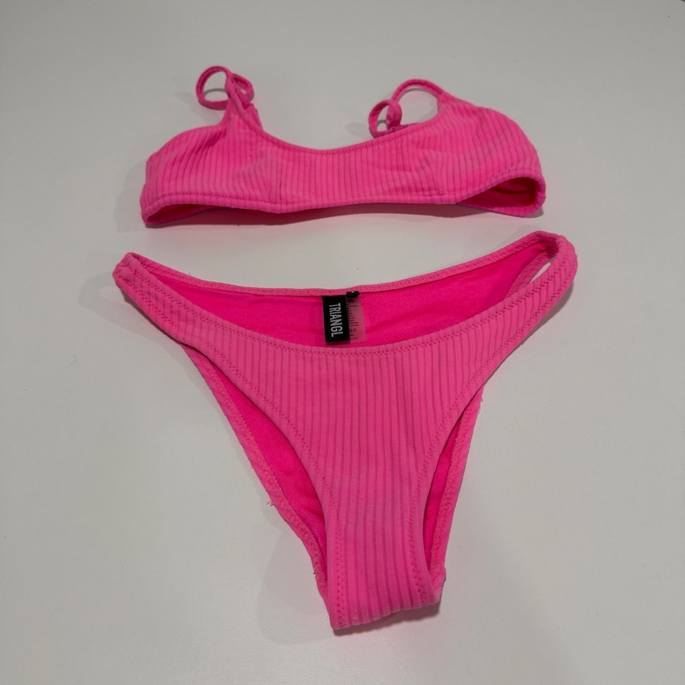 Triangl Neon Pink Ribbed Bikini Set XS Top S Bottom Scoop Neck High Leg